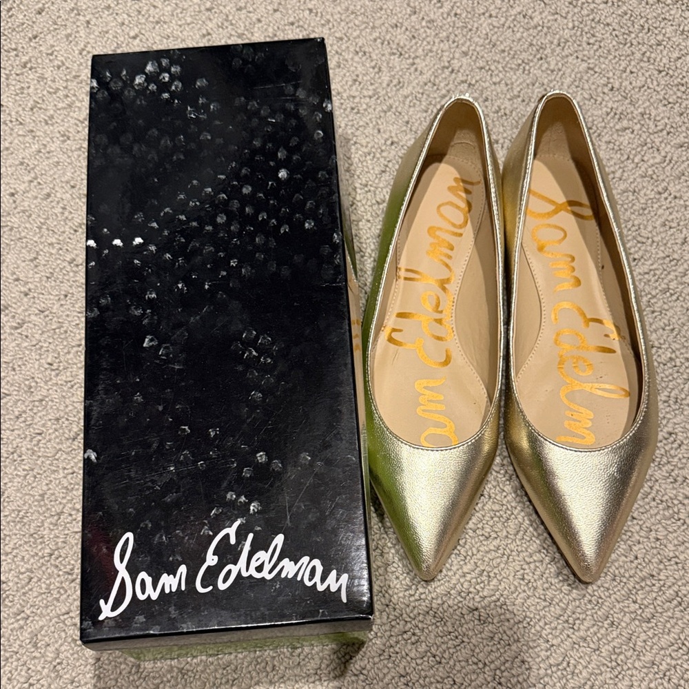 Sam Edelman Gold Pointed-Toe Leather Flats